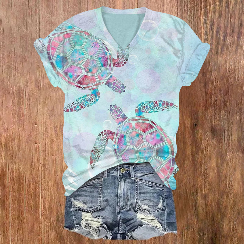 Watercolor Starry Sky Turtle Print V-neck T-shirt - Blue - US32-34(5XL) - image 1