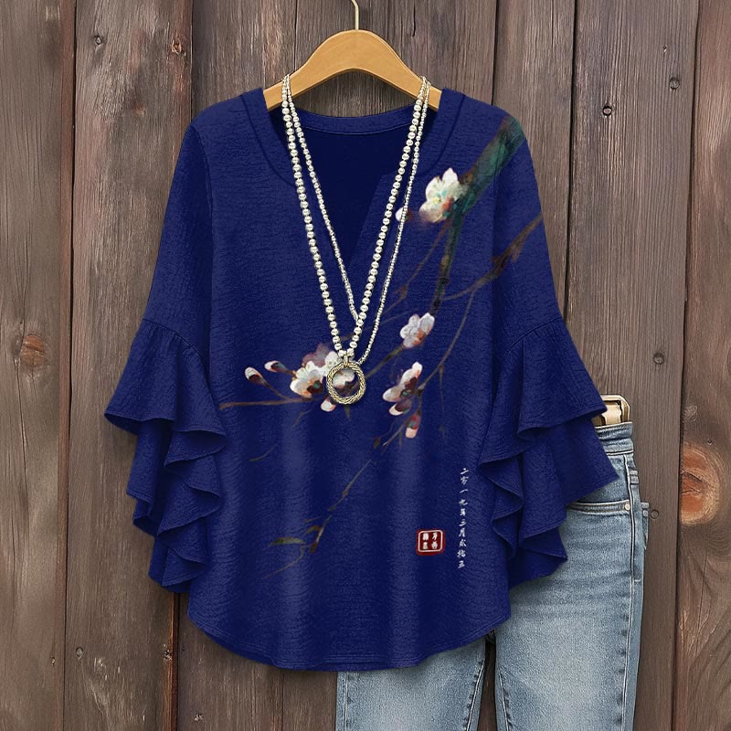 Vintage Plum Blossom Art Print V Neck Half Sleeve Blouse - Royal Blue - 5XL - image 2