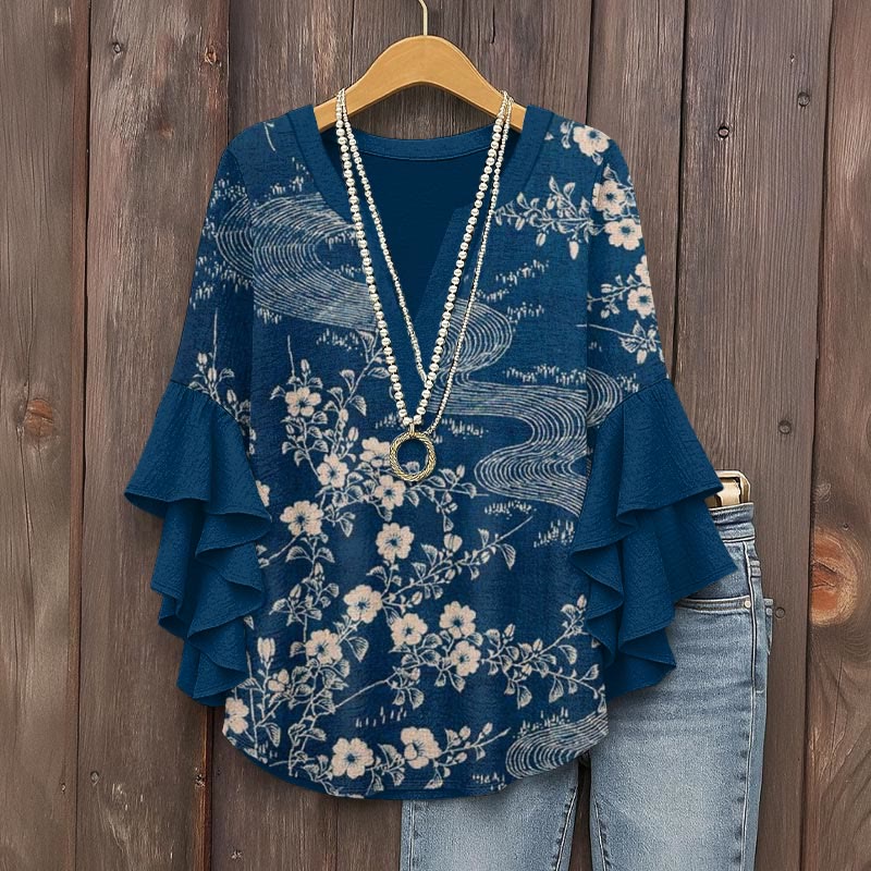 Japanese Style Floral Art Printed V-neck Half Sleeve Blouse - Blue - 5XL - image 1