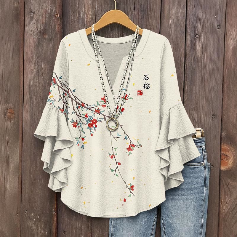 Japanese Art Floral Vintage Print V-neck Half Sleeve Blouse - Beige - 5XL - image 1