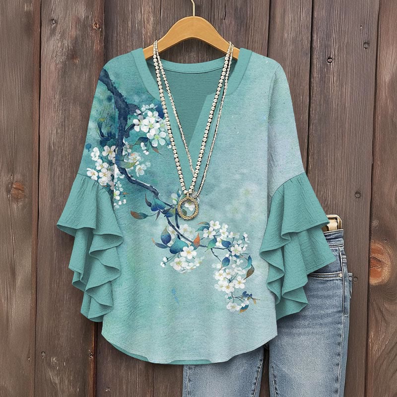 Japanese Antique Pear Blossom Ink Painting Print V-neck Half Sleeve Blouse - Green - 5XL - image 1