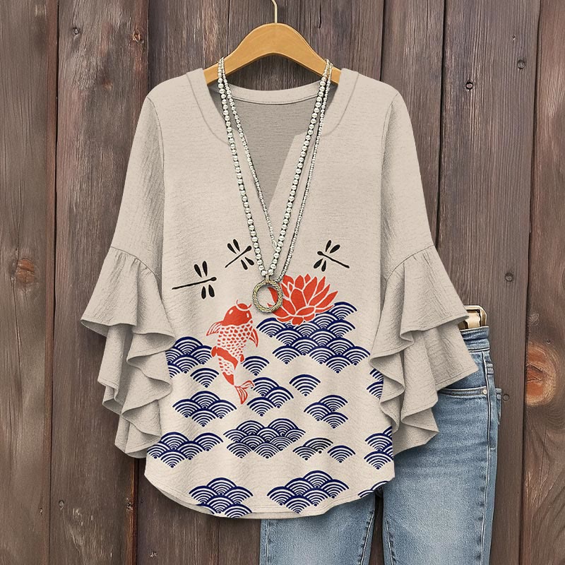 Japanese Style Koi Fish Dragonfly Wave Art Print V-neck Half Sleeve Blouse - Apricot - 5XL - image 1