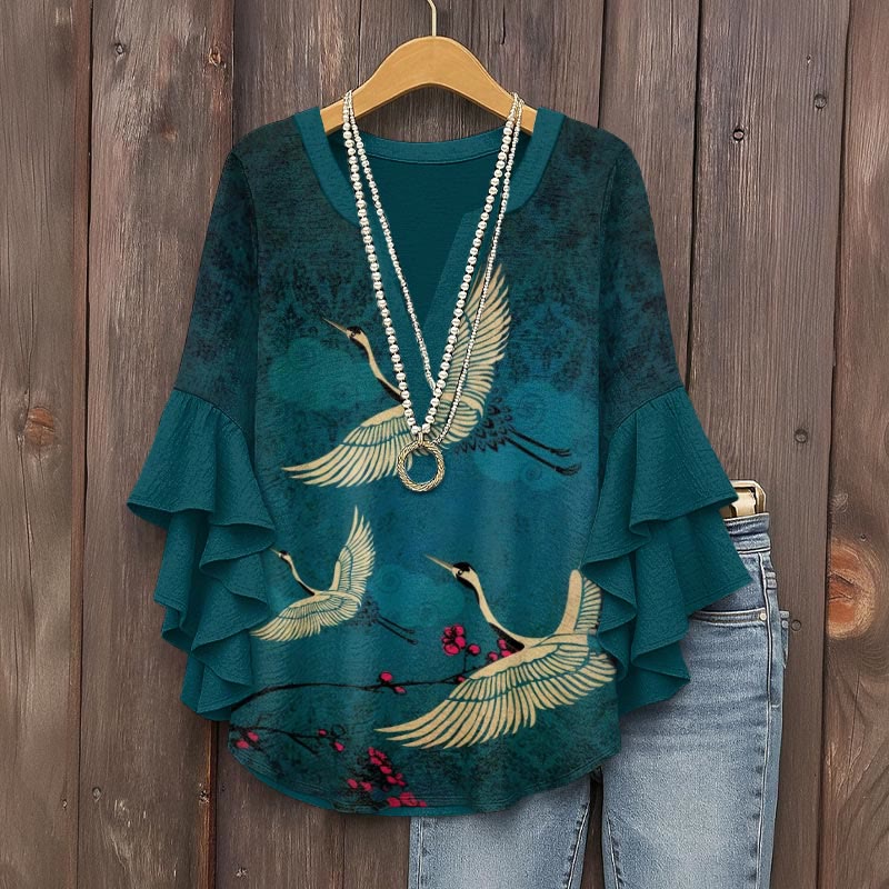 Japanese Style Crane Art Print V-neck Half Sleeve Blouse - Blue - 5XL - image 1