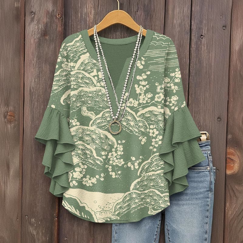 Women's Japanese Art Plum Blossom Art Print V-neck Half Sleeve Blouse - Green - 5XL - image 1