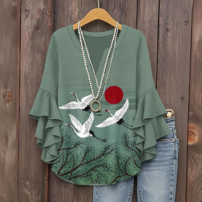 Japanese Style Flying Cranes And Red Sun Print V-neck Half Sleeve Blouse - Green - 5XL - image 1