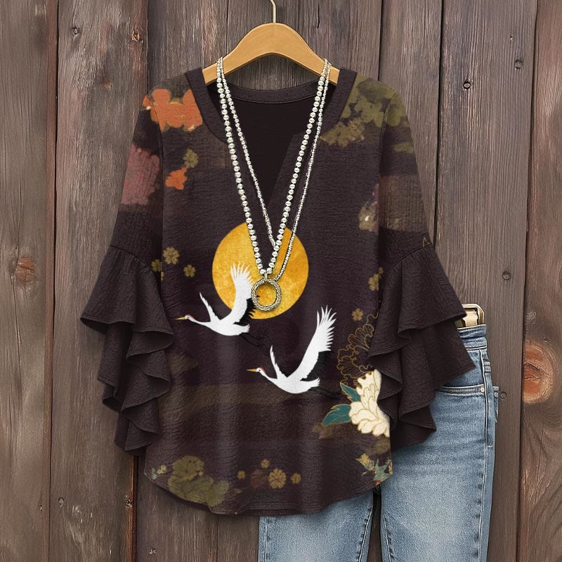 Japanese Peony Crane Print V-neck Half Sleeve Blouse - Brown - 5XL - image 1
