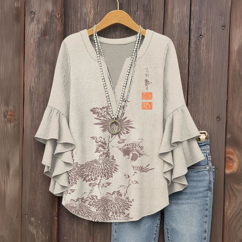 Vintage Chrysanthemum Print V-neck Half Sleeve Blouse - Beige - 5XL - image 1
