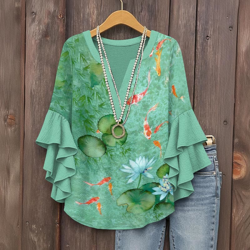 Japanese Koi Art Print V-neck Half Sleeve Blouse - Green - 5XL - image 1