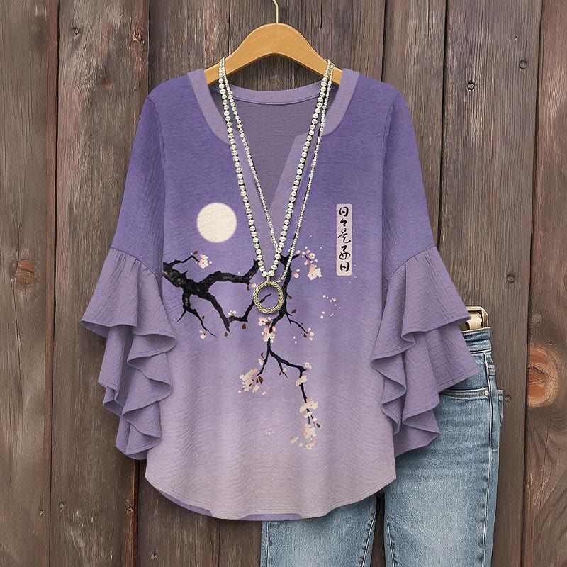 Japanese Plum Blossom Art Print V-neck Half Sleeve Blouse - Purple - 5XL - image 1