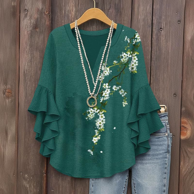 Simple Floral Art Print V-neck Half Sleeve Blouse - Green - 5XL - image 1
