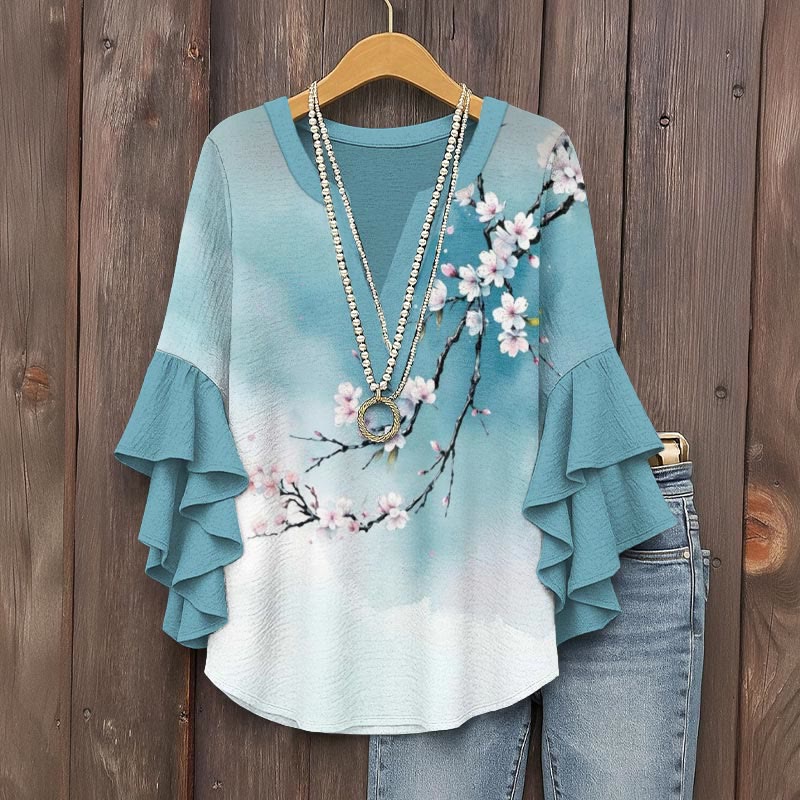 Japanese Ink Painting Flowers Art Print V-neck Half Sleeve Blouse - Blue - 5XL - image 1