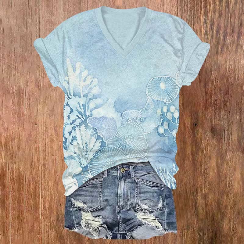 Vintage Transparent Sea Plants Print V-neck T-shirt - Blue - US32-34(5XL) - image 1