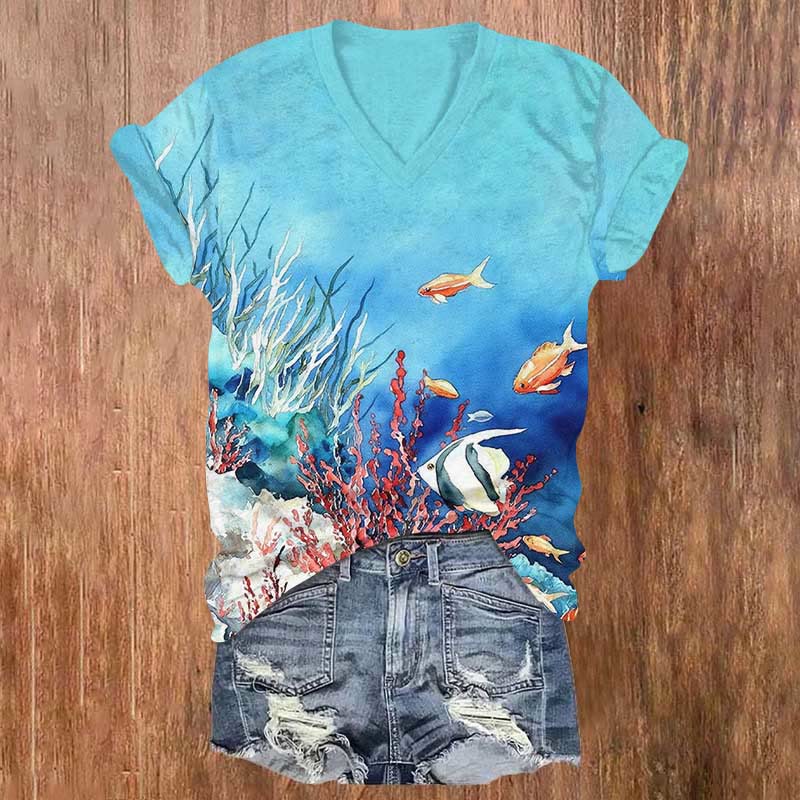 Wonderful Sea Plants & Fish Print V-neck T-shirt - Blue - US32-34(5XL) - image 1