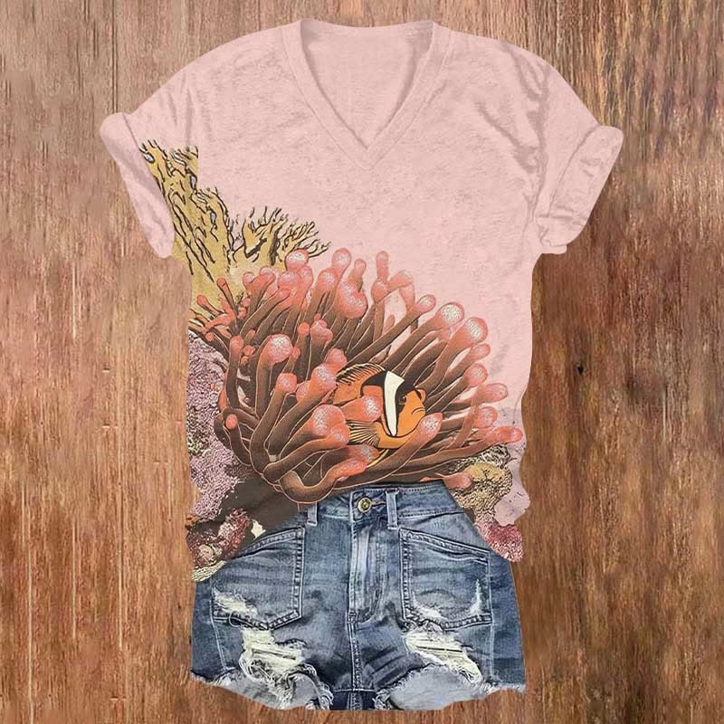 Ugly Fish Hiding In Coral Art Print V-neck T-shirt - Pink - US32-34(5XL) - image 2
