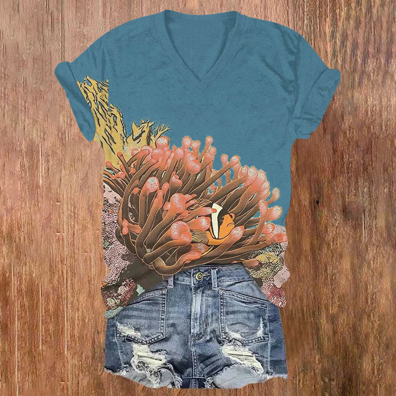Ugly Fish Hiding In Coral Art Print V-neck T-shirt - Lake Blue - US32-34(5XL) - image 1