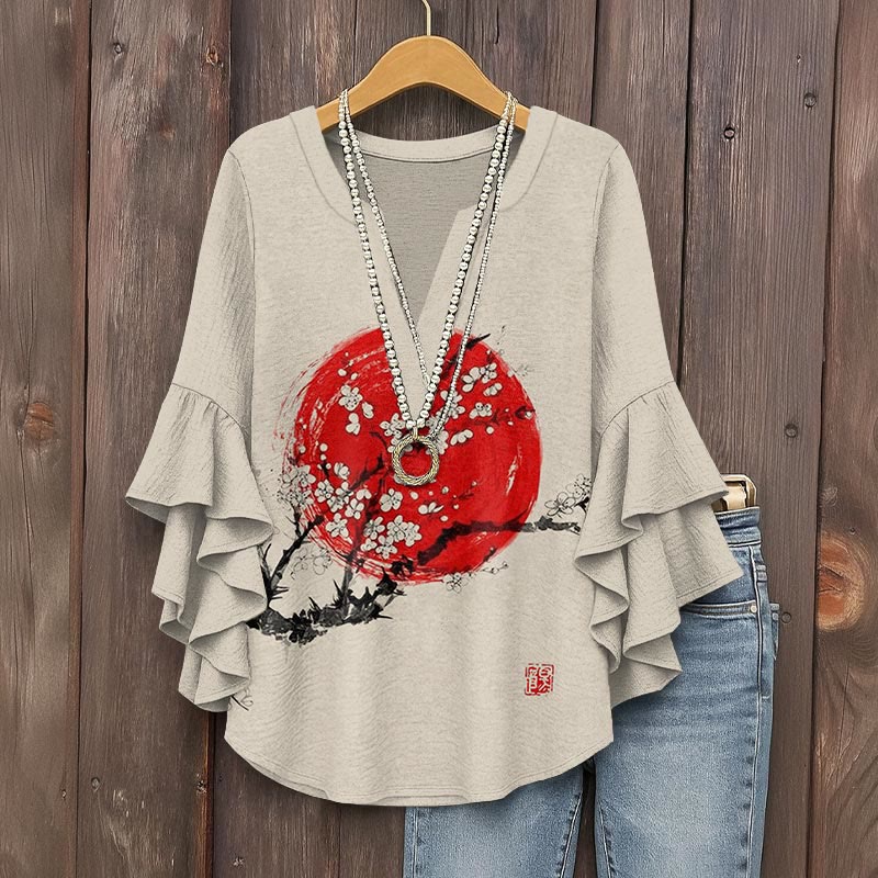 Sunrise Plum Blossom Japanese Art Print V-neck Half Sleeve Blouse - Khaki - 5XL - image 1