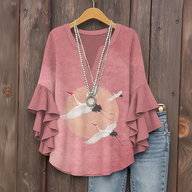 Flying Cranes Japanese Art Graphic Vintage Print V-neck Half Sleeve Blouse - Dark Pink - 5XL - image 1