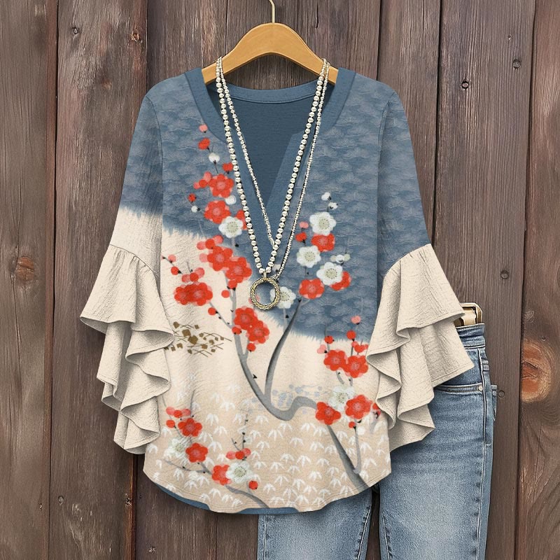 Japanese Art Cherry Blossom Print V-neck Half Sleeve Blouse - Blue - 5XL - image 1