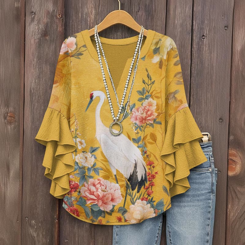 Elegant Crane Yellow Flowers Art Print V-neck Half Sleeve Blouse - Yellow - 5XL - image 1