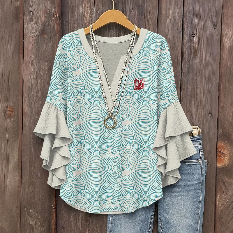The Silent Dance Of Waves Japanese Art Print V-neck Half Sleeve Blouse - Blue - 5XL - image 1