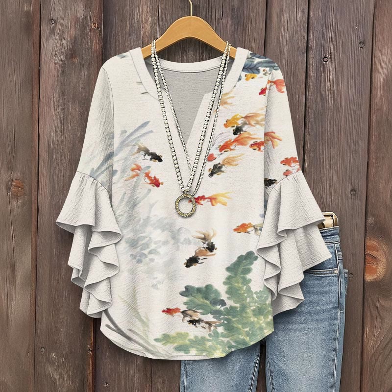 Watercolor Goldfish Art Print V-neck Half Sleeve Blouse - Beige - 5XL - image 1