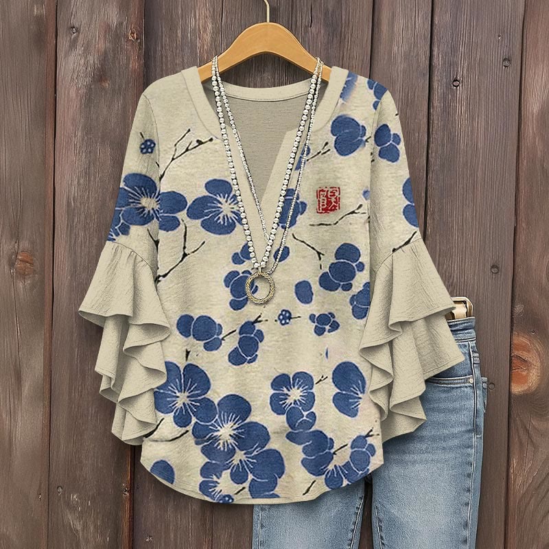 Cherry Blossom Japanese Lino Art Vintage Print V-neck Half Sleeve Blouse - Blue - 5XL - image 1