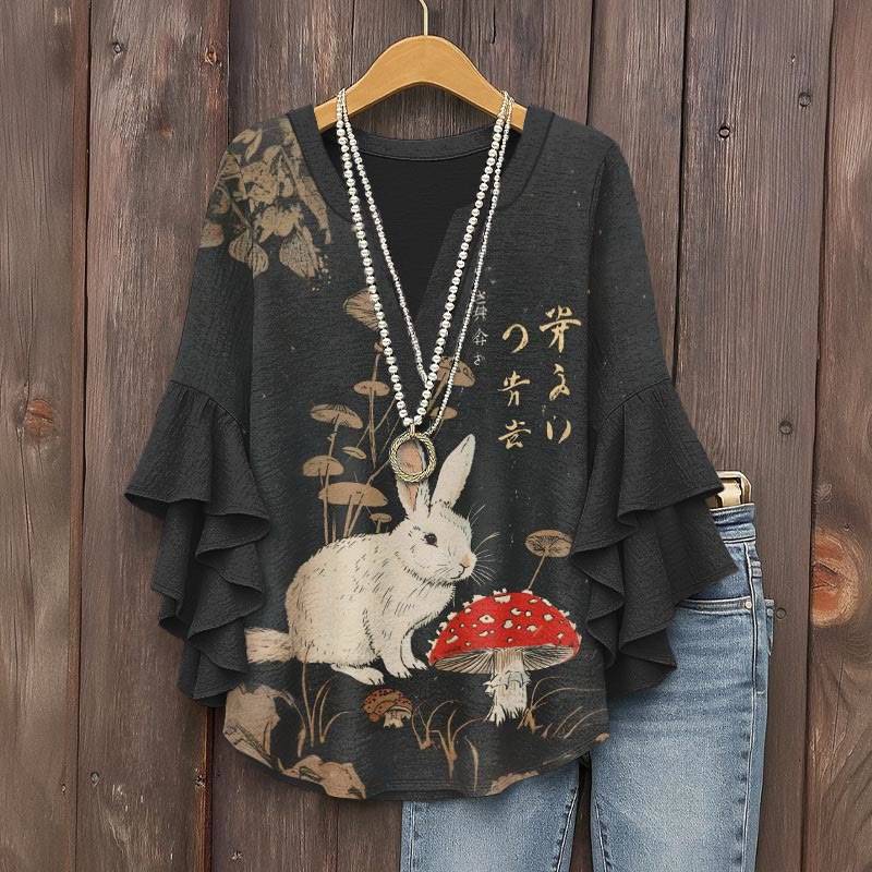 Vintage Rabbit And Vibrant Mushroom Print V-neck Half Sleeve Blouse - Black - 5XL - image 1