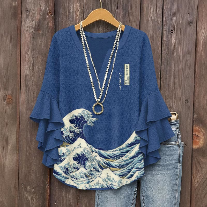 Waves Japanese Art Printed V-neck Half Sleeve Blouse - Blue - 5XL - image 1