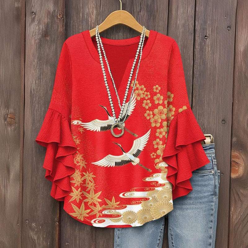 Japanese Style Floral Crane Print V-neck Half Sleeve Blouse - Red - 5XL - image 1
