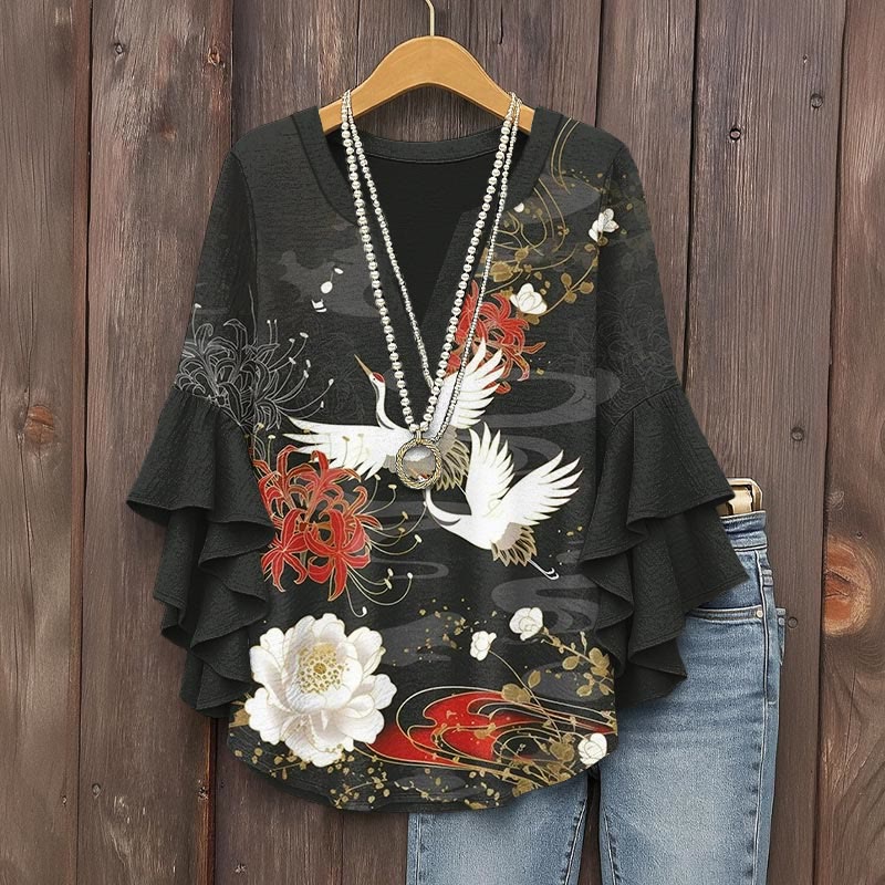 Japanese Peony And Crane Print V-neck Half Sleeve Blouse - Black - 5XL - image 1
