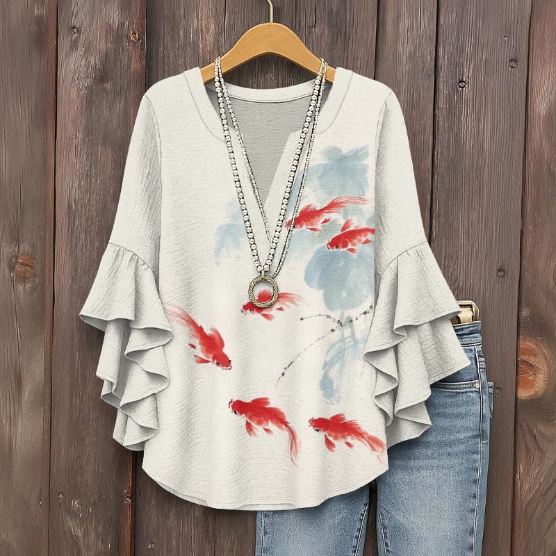 Vintage Red Goldfish Pond Art Print V-neck Half Sleeve Blouse - Beige - 5XL - image 1