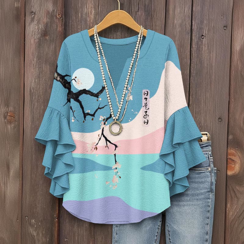 Rainbow Fuji Mountain & Floral Art Print V-neck Half Sleeve Blouse - Blue - 5XL - image 1