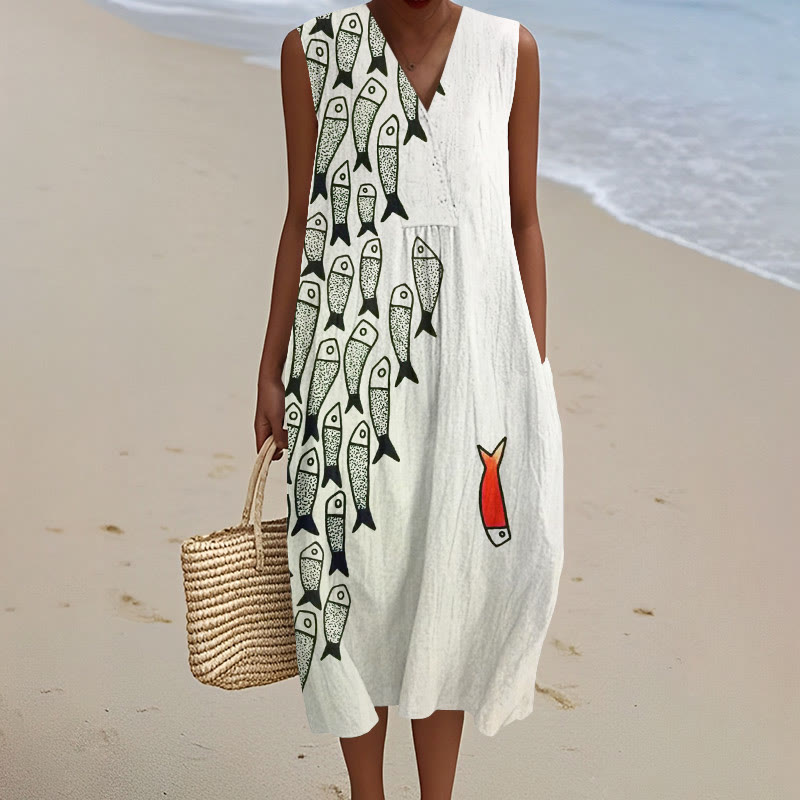 Cute Simple Lines Abstract Geometric Fish Art Print  V-neck Sleeveless Dress - Beige - 5XL - image 1