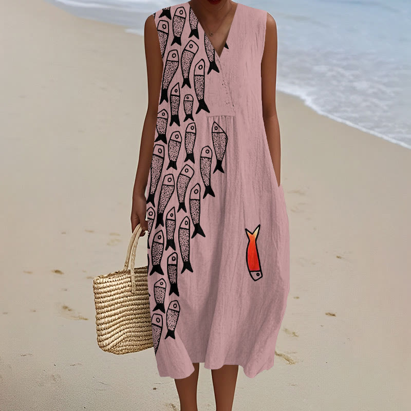 Cute Simple Lines Abstract Geometric Fish Art Print  V-neck Sleeveless Dress - Pink - 5XL - image 3