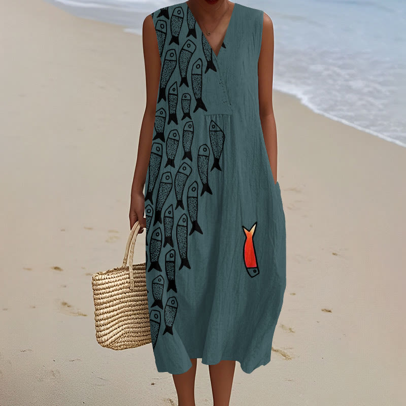 Cute Simple Lines Abstract Geometric Fish Art Print  V-neck Sleeveless Dress - Navy Blue - 5XL - image 4