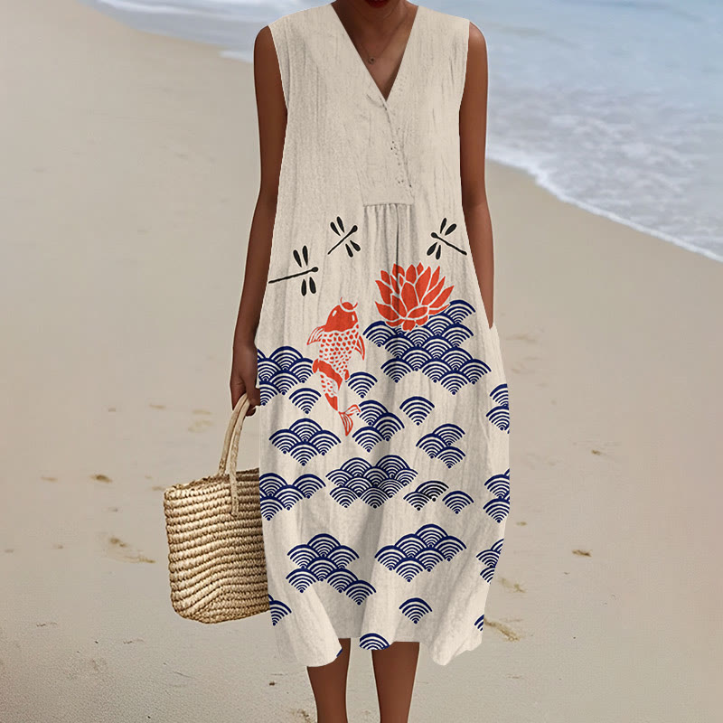 Japanese Style Koi Fish Dragonfly Wave Art Print V-neck Sleeveless Dress - Apricot - 5XL - image 1