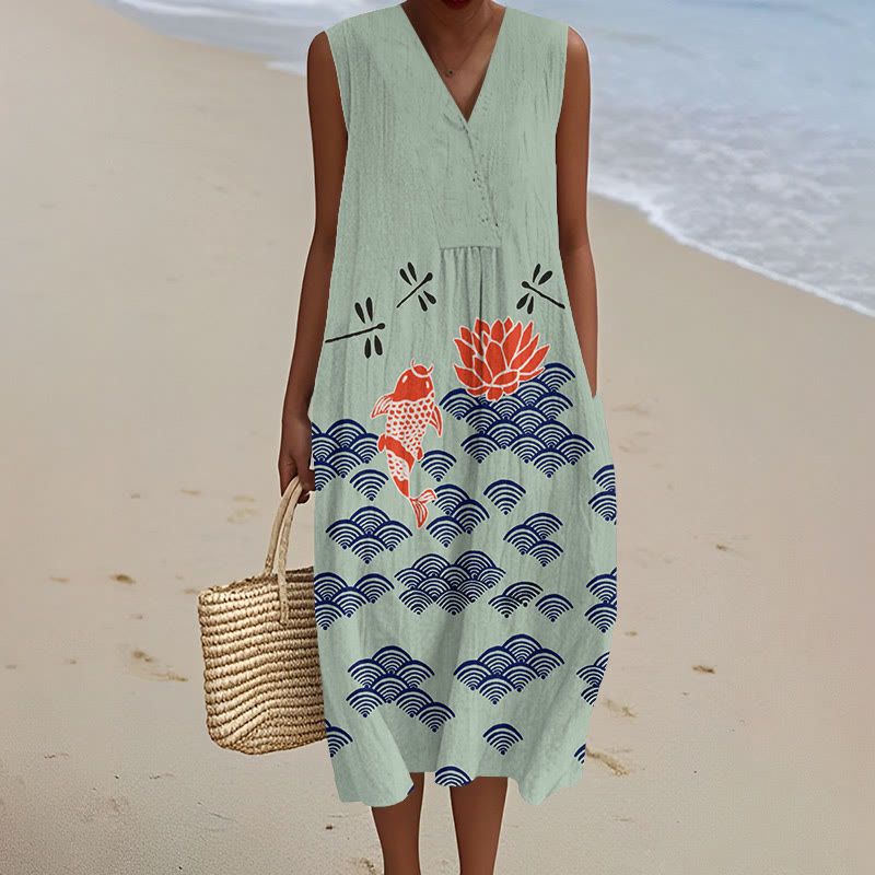 Japanese Style Koi Fish Dragonfly Wave Art Print V-neck Sleeveless Dress - Green - 5XL - image 2