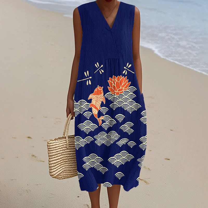 Japanese Style Koi Fish Dragonfly Wave Art Print V-neck Sleeveless Dress - Dark Blue - 5XL - image 3