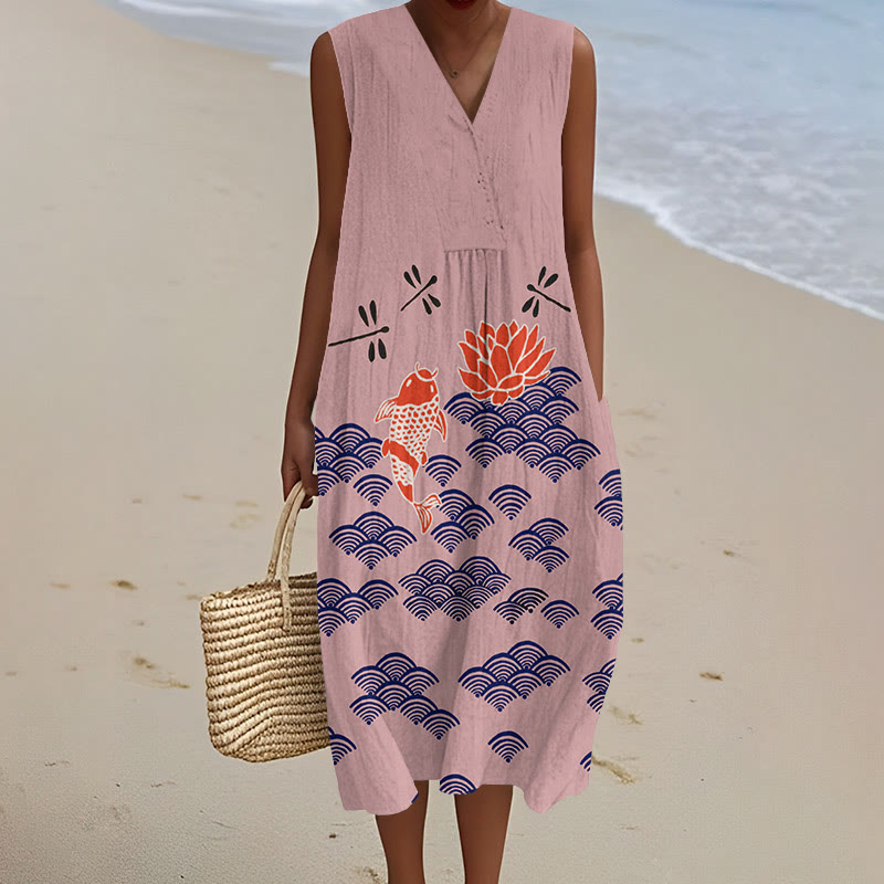 Japanese Style Koi Fish Dragonfly Wave Art Print V-neck Sleeveless Dress - Pink - 5XL - image 4