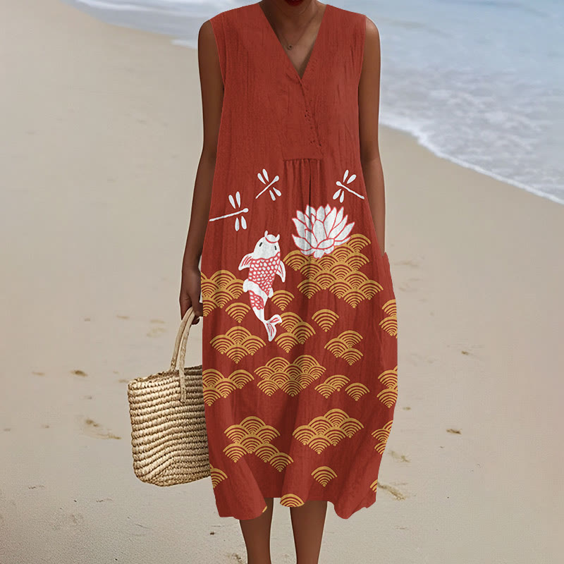 Japanese Style Koi Fish Dragonfly Wave Art Print V-neck Sleeveless Dress - Red - 5XL - image 5