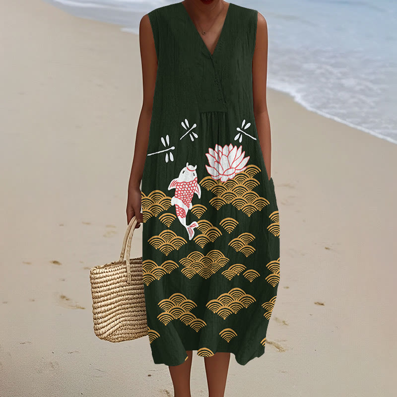 Japanese Style Koi Fish Dragonfly Wave Art Print V-neck Sleeveless Dress - Dark Green - 5XL - image 6