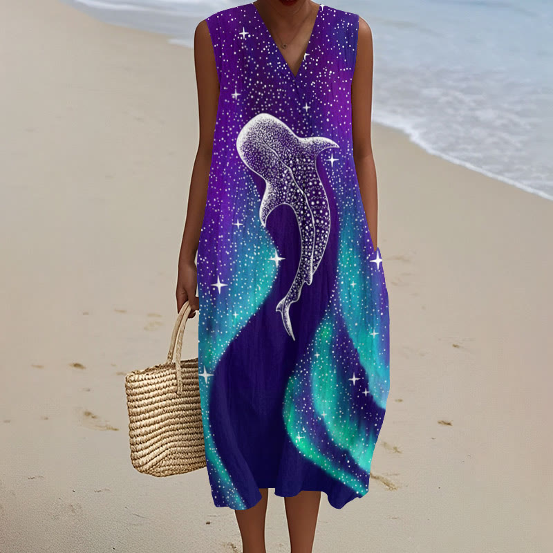 Star Eater In Northern Lights Art Print V-neck Sleeveless Dress - Purple - 5XL - image 1