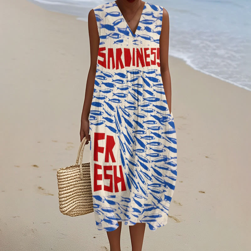 Japanese Vintage Fish Art Print V-neck Sleeveless Dress - Blue - 5XL - image 1