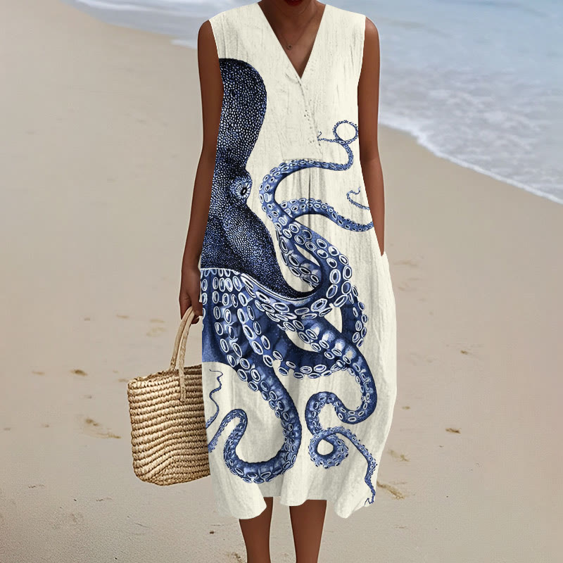 Japanese Art Octopus Graphic Art Print V-neck Sleeveless Dress - Beige - 5XL - image 1