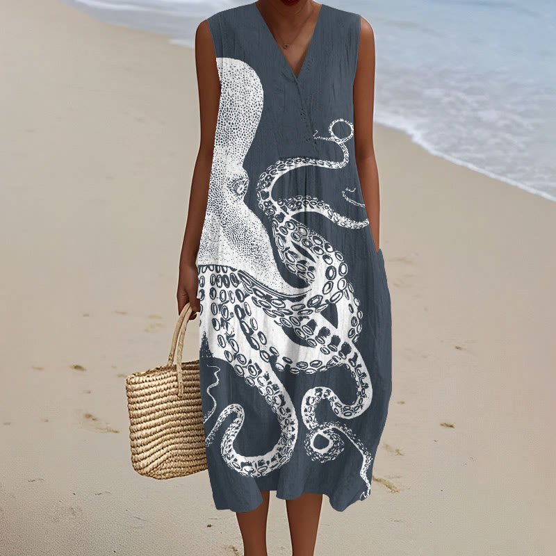 Japanese Art Octopus Graphic Art Print V-neck Sleeveless Dress - Navy Blue - 5XL - image 2