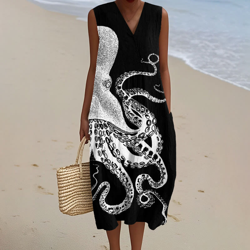 Japanese Art Octopus Graphic Art Print V-neck Sleeveless Dress - Black - 5XL - image 3