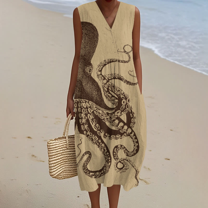 Japanese Art Octopus Graphic Art Print V-neck Sleeveless Dress - Apricot - 5XL - image 4