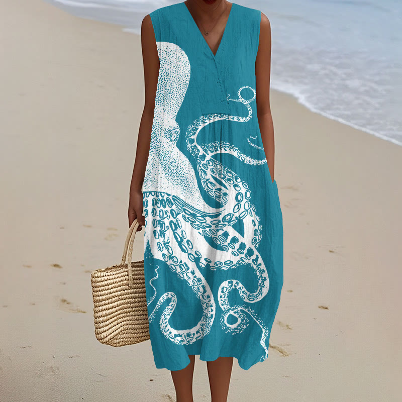 Japanese Art Octopus Graphic Art Print V-neck Sleeveless Dress - Lake Blue - 5XL - image 5