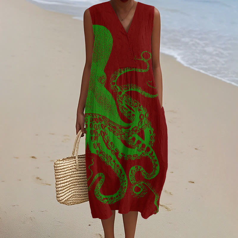 Japanese Art Octopus Graphic Art Print V-neck Sleeveless Dress - Wine - 5XL - image 6