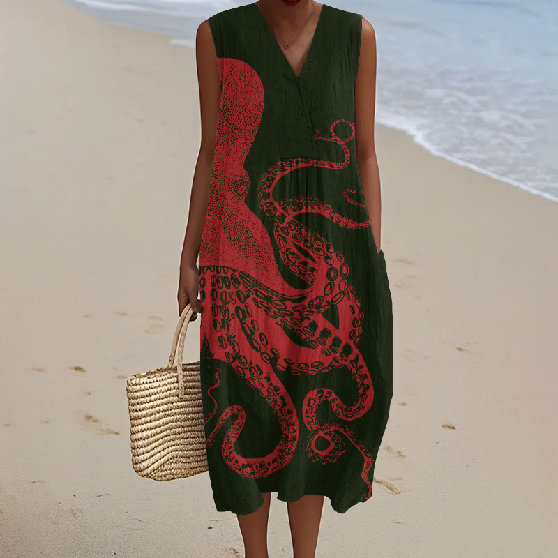 Japanese Art Octopus Graphic Art Print V-neck Sleeveless Dress - Dark Green - 5XL - image 7